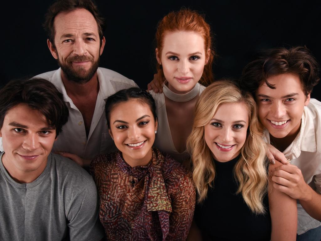Luke Perry, KJ Apa, Madelaine Petsch, Camila Mendes, Cole Sprouse and Lili Reinhart. Picture: Splash