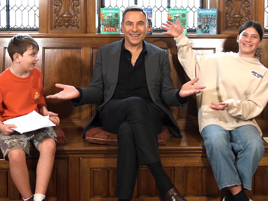 KIDS NEWS exclusive: Bestselling author David Walliams pictured centre with Kids News cub reporters Atticus Jenkins,7, and Iris Le Vay,  11, at the Shakespeare Room, State Library of NSW, Wednesday 20 July 2022. Picture: Ankit Mishra