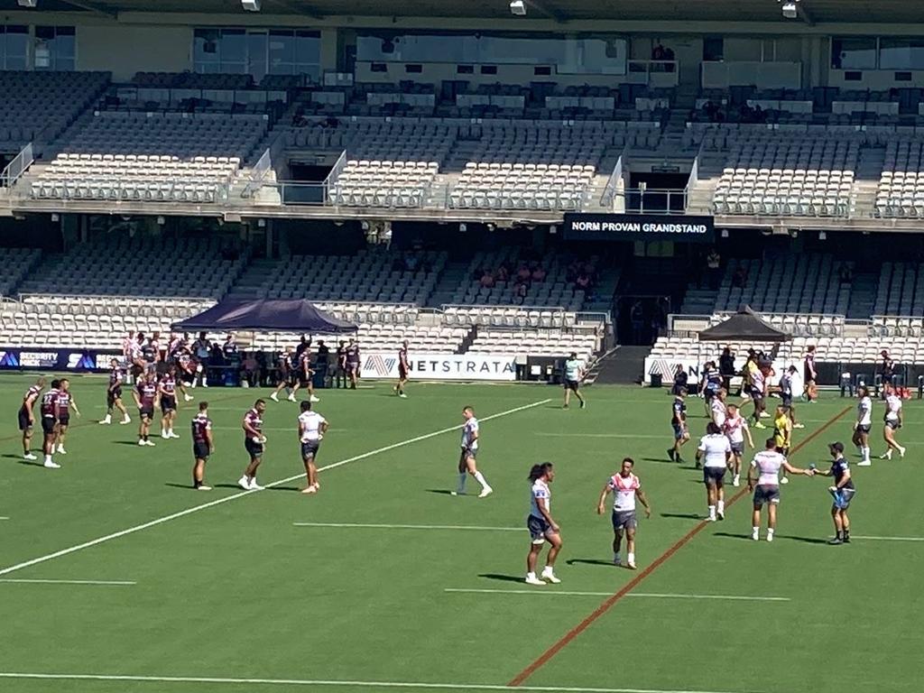 The Dragons faced off against the Sea Eagles in a scrimmage on Friday. Credit: David Riccio