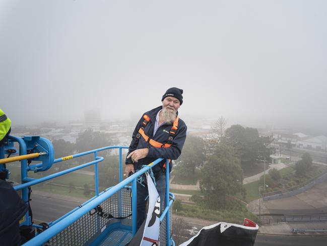 Newlands Group civil construction manager Grant Campbell participates in Hang Ya Boss Out To Dry for the Toowoomba Hospice, Friday, May 31, 2024. Picture: Kevin Farmer