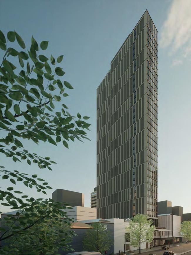 Artist impression of a proposed 34-storey student accommodation tower for Currie St, Adelaide. Picture: Telha Clarke Architects