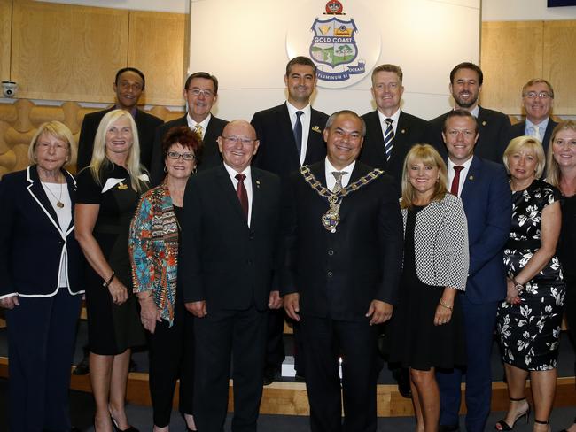 The 2016-2020 Gold Coast City Council being sworn in at the Evandale Council Chambers. (back l-r) Bob La Castra, Gary Baildon AO,  Hermann Vorster, William-Owen Jones, Glenn Tozer, Peter Young, (front l-r) Dawn Crichlow, Pauline Young, Daphne McDonald,  Paul Taylor,  Mayor Tom Tate, Donna Gates, Cameron Caldwell, Councillor Gail O'Neill and Kristyn Boulton. Photo: Jerad Williams