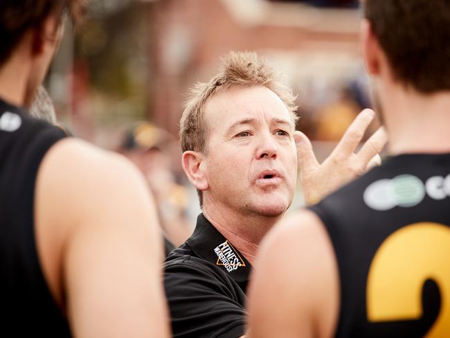 Glenelg Coach Mark Stone at quarter time at Unley Oval, in the match between Sturt and Glenelg, Saturday, May 26, 2018. (AAP Image/MATT LOXTON)