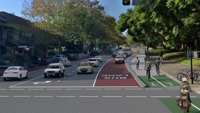 New artist impressions of the Oxford St East Cycleway showing parking in bus lanes, permitted during off-peak periods and weekends (subject to change). Picture: TfNSW.