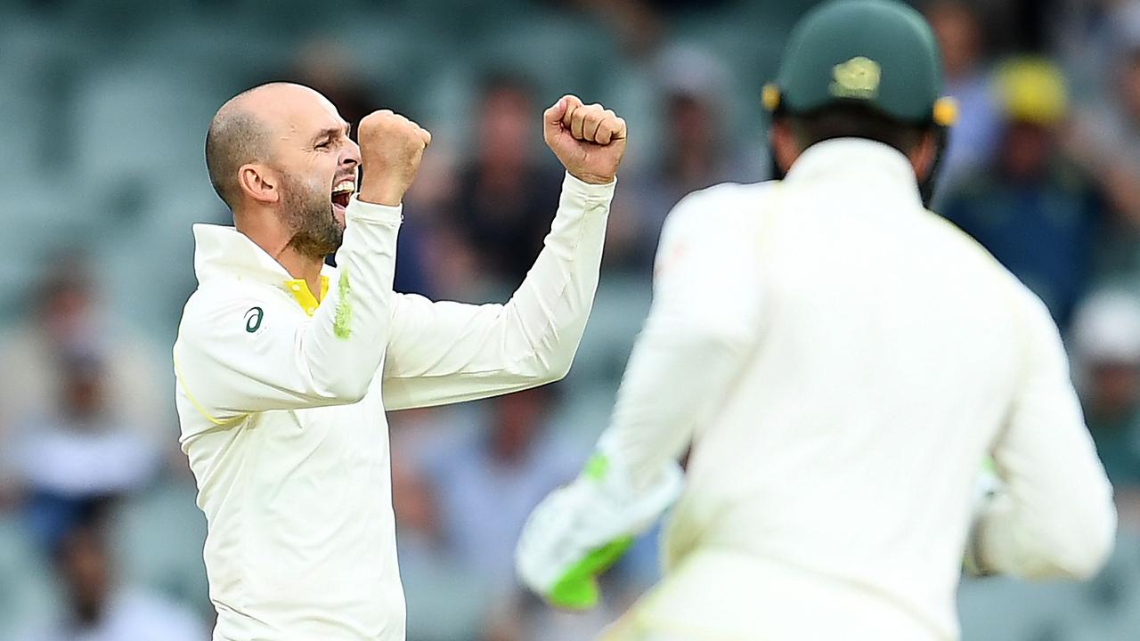 Nathan Lyon celebrates the wicket of Virat Kohli.