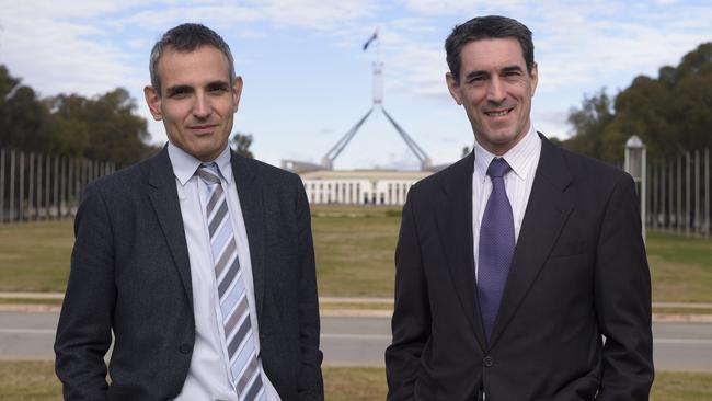 OECD economist Stephane Carcillo, left, and UN social affairs officer Marco Roncarati at the First Global CoAct conference in Canberra. Picture: Lukas Coch