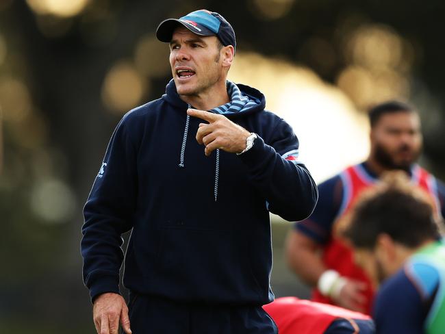 Waratahs defence coach Nathan Grey lays down the law at training. Picture: Brett Costello