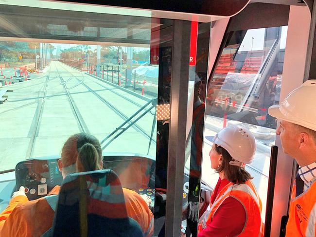 Premier Gladys Berejiklian and Transport Minister Andrew Constance take a test ride on light rail vehicle in Randwick.