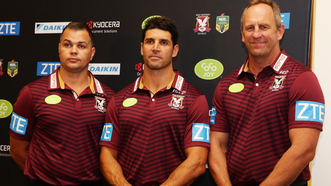 Anthony Seibold was unveiled as an assistant to new Manly coach Trent Barrett in 2015, pictured with fellow assistant John Cartwright. Picture: Brett Costello