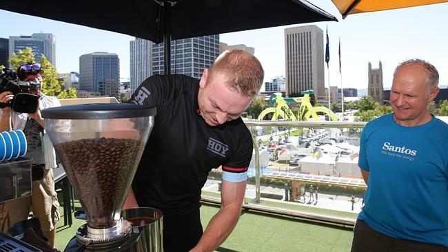 Olympic cyclist Sir Chris Hoy making coffee with Tony Fitzmaurice from Vespa Espresso. Picture: Sarah Reed.