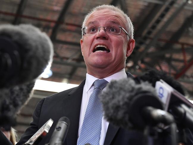 Prime Minister Scott Morrison at a press conference after visiting the Gulf Western Oil company at St Mary's in Sydney, Friday, April 12, 2019. (AAP Image/Mick Tsikas) NO ARCHIVING