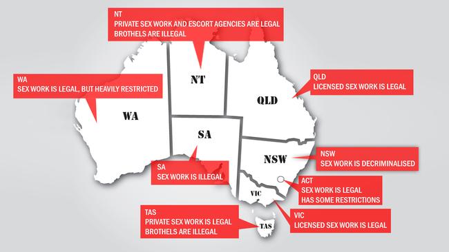 Australia’s sex work illegals vary from decriminalised in NSW to completely illegal in South Australia, Picture: news.com.au