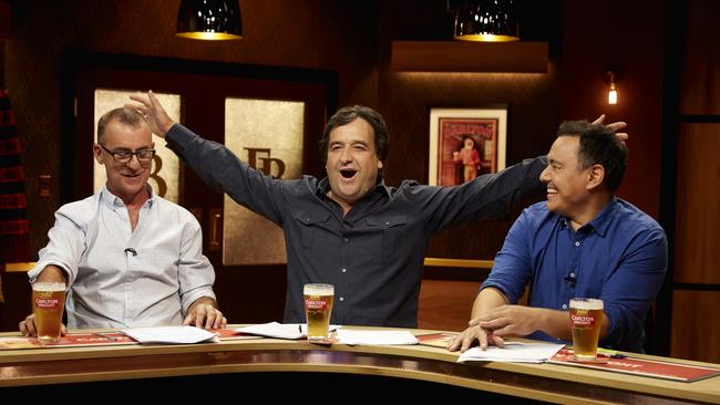 The Front Bar continues to dominate in footy TV ratings. From left, Andy Maher, Mick Molloy and Sam Pang. Picture: Channel 7