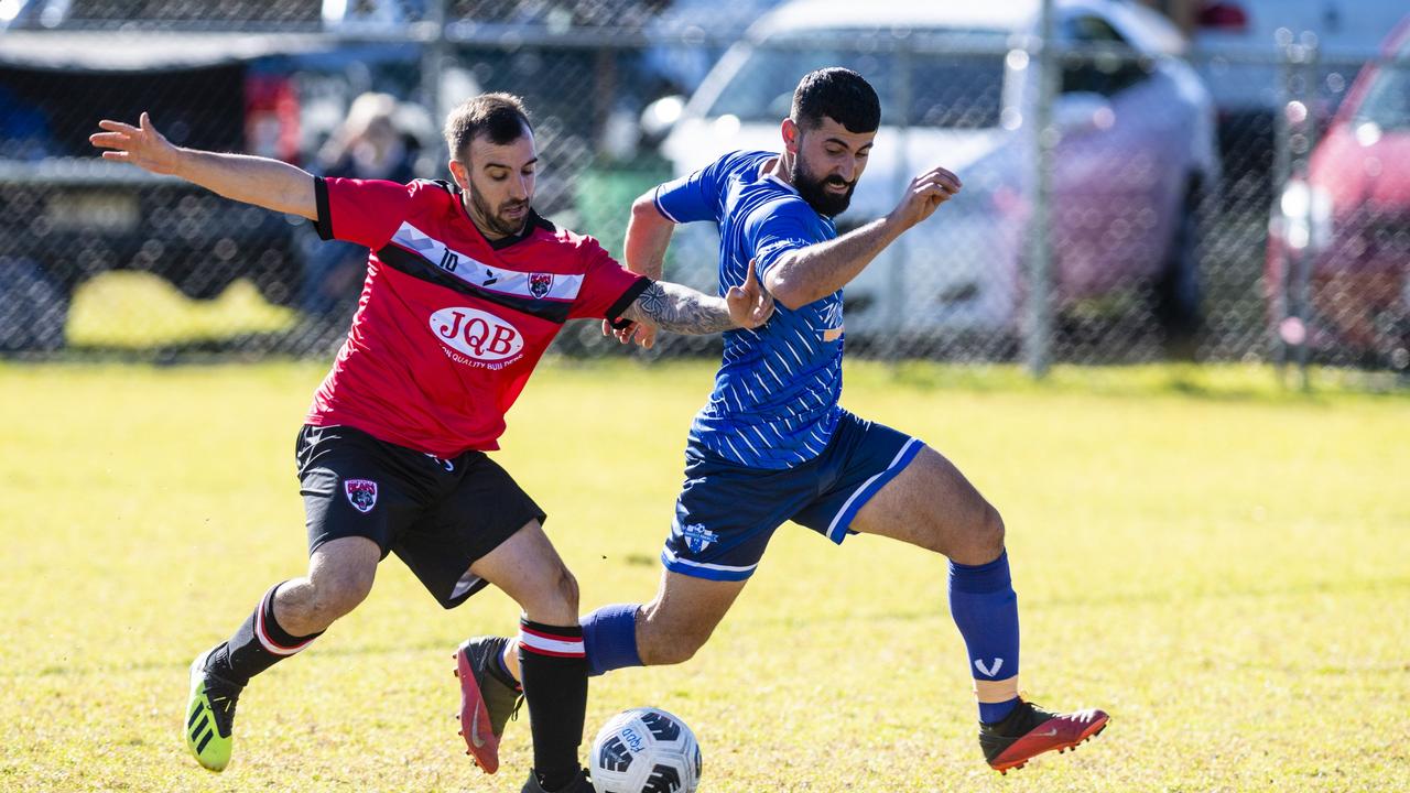 Federico Garcia (left) of Chinchilla Bears and Jalal Alkhudher of Rockville Rovers in Div 1 Men FQ Darling Downs Presidents Cup football at West Wanderers, Sunday, July 24, 2022. Picture: Kevin Farmer