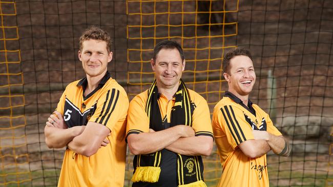 Tea Tree Gully’s Liam Crook, Damien Kuypers and Rhys Devlin in the lead-up to Sunday’s upset FFA Cup win over West Adelaide. Picture: Matt Loxton