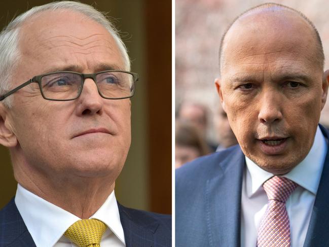 (COMBO) This combination of pictures created on August 23, 2018 shows Australia's Prime Minister Malcolm Turnbull (L) in Canberra on August 22, 2018 and leadership challenger Peter Dutton in Canberra on August 21, 2018. - Australian Prime Minister Malcolm Turnbull's tenuous grip on power came under intense pressure on August 23 with the man who wants his job launching a second leadership challenge in a week and senior ministers defecting. Former home affairs minister Peter Dutton, an ex-police officer and right-wing conservative, said he was confident he now had the numbers to unseat Turnbull, considered a moderate. (Photo by SEAN DAVEY and MARK GRAHAM / AFP)