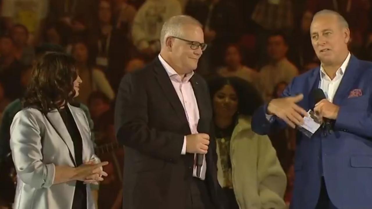 Australian PM Scott Morrison and his wife Jenny on stage at Hillsong with founder Brian Houston.