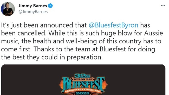 Jimmy Barnes posted this tweet after the Bluesfest Byron Bay cancellation was announced on Wednesday.