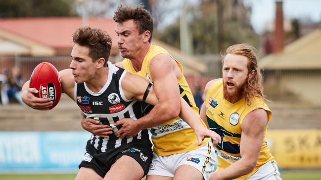 Boyd Woodcock in action against the Eagles in the SANFL on Saturday. Woodcock played in a SANFL premiership with North Adelaide last year and is pushing for his AFL debut with the Power. Picture: MATT LOXTON