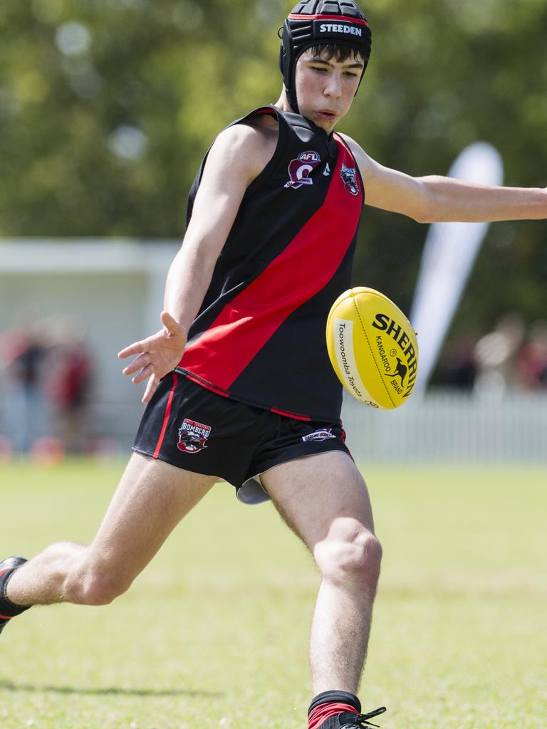 Andre Diem of South Toowoomba Bombers against Coolaroo in U14 AFL Darling Downs grand final at Rockville Park, Saturday, September 2, 2023. Picture: Kevin Farmer