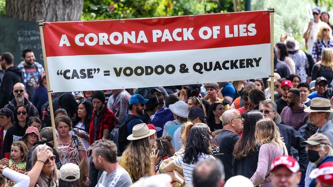 Anti-government protesters gather in Flagstaff Gardens in Melbourne at the weekend. Picture: Ian Currie