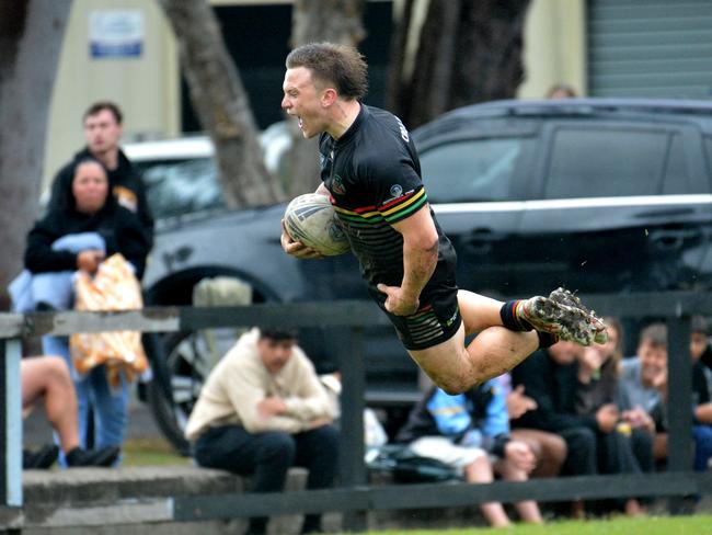 Sawtell's Jayden O'Shannessy goes in for a try. Sawtell Panthers v Woolgoolga Seahorses, 2024 Group 2 Rugby League qualifying final at Rex Hardaker Oval, 11 August 2024.