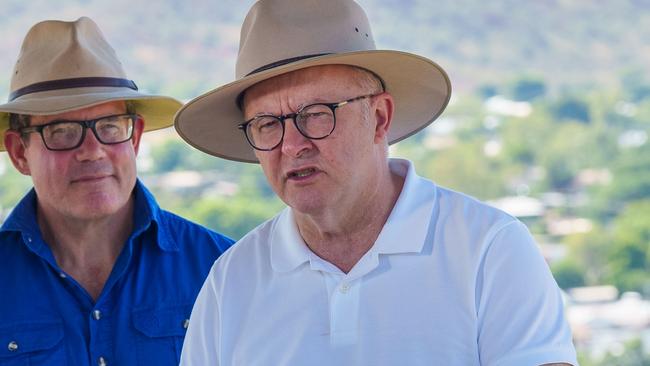 8 JANUARY 2025. Prime Minister Anthony Albanese (centre) with Solomon MP Luke Gosling (left) and Minister Catherine King (right) in Mount Isa, Queensland today. Picture: Supplied by the PMO's Office