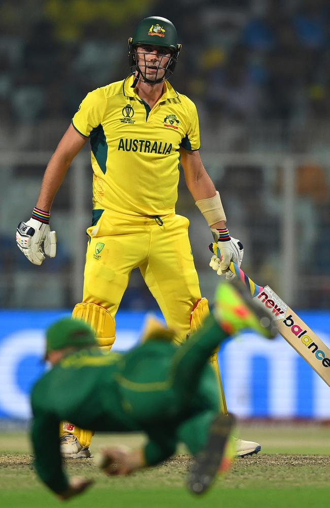 Pat Cummins reacts as he's dropped by David Miller. Picture: Getty Images