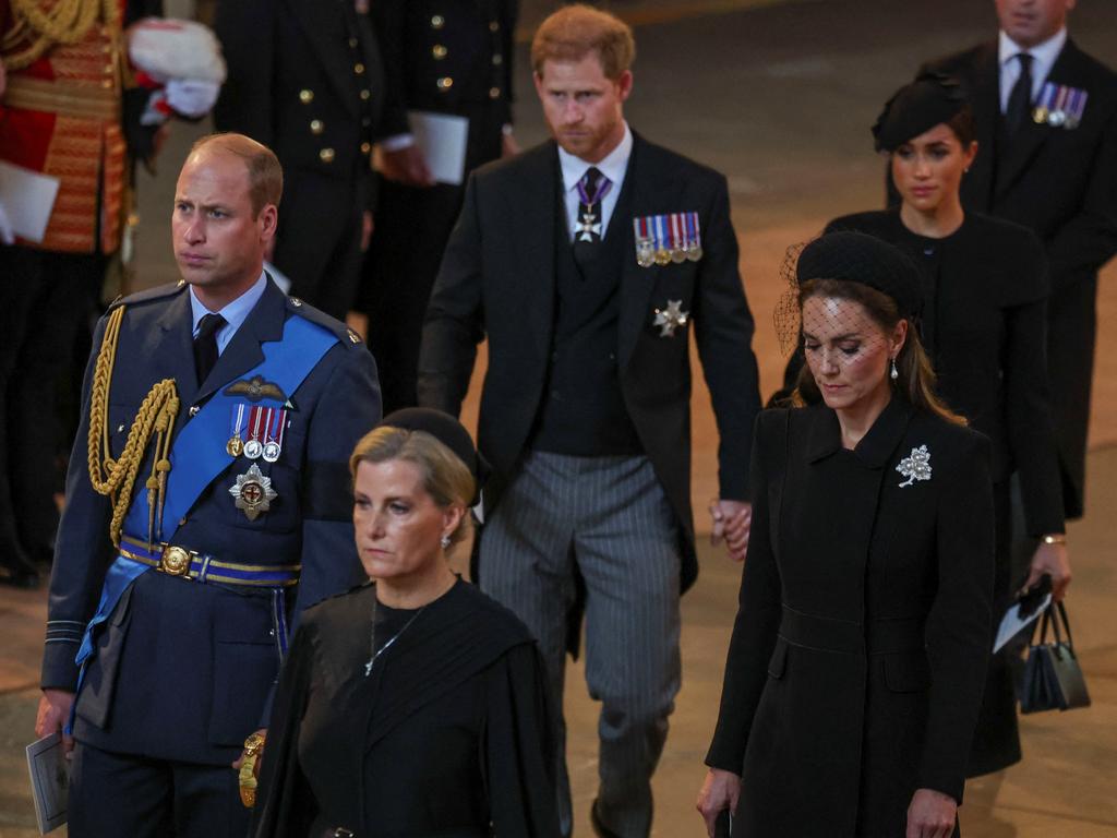 Queen Elizabeth II's coffin arrived at Westminster Hall where she will lay in state until the early morning of her funeral. Picture: Getty Images.