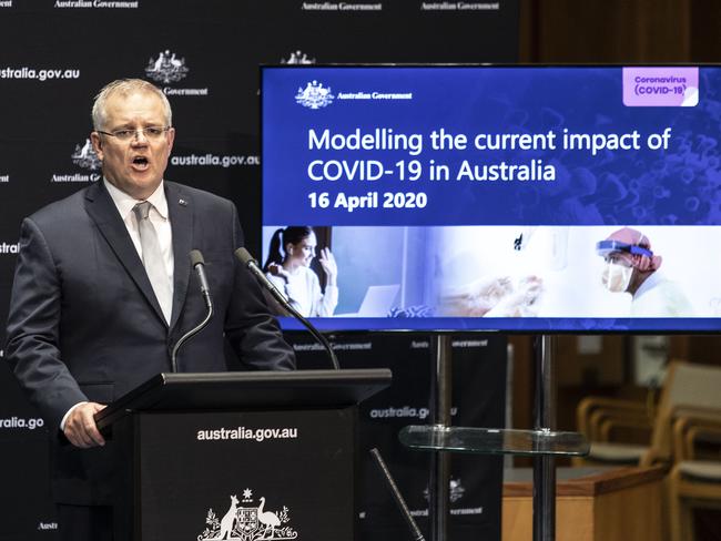 Prime Minister Scott Morrison with Professor Brendan Murphy, Australian Chief Medical Officer at Parliament House in Canberra. Picture: Gary Ramage