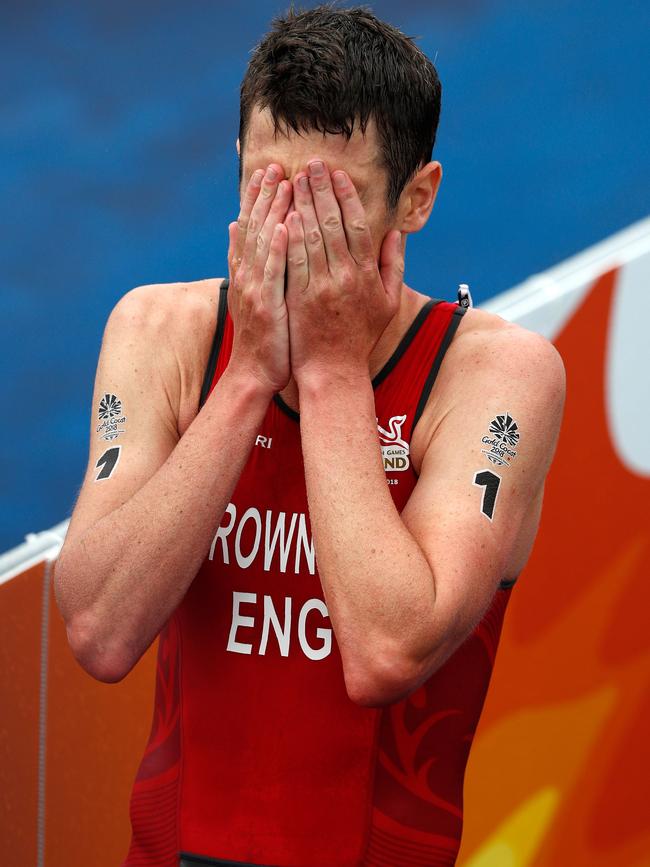 England's Alistair Brownlee at the finish line of the triathlon. Picture: AFP