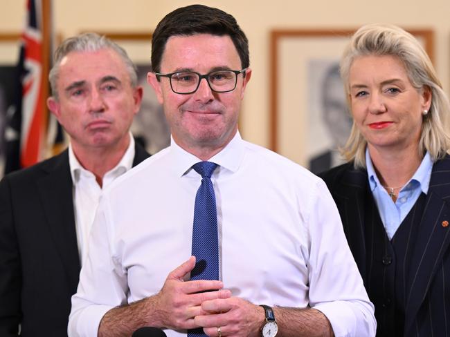 Nationals Leader David Littleproud, Nationals Deputy Leader Kevin Hogan and Nationals Senate Leader Bridget McKenzie speak to the media during a press conference at Parliament House in Canberra, Tuesday, May 20, 2025. (AAP Image/Lukas Coch) NO ARCHIVING