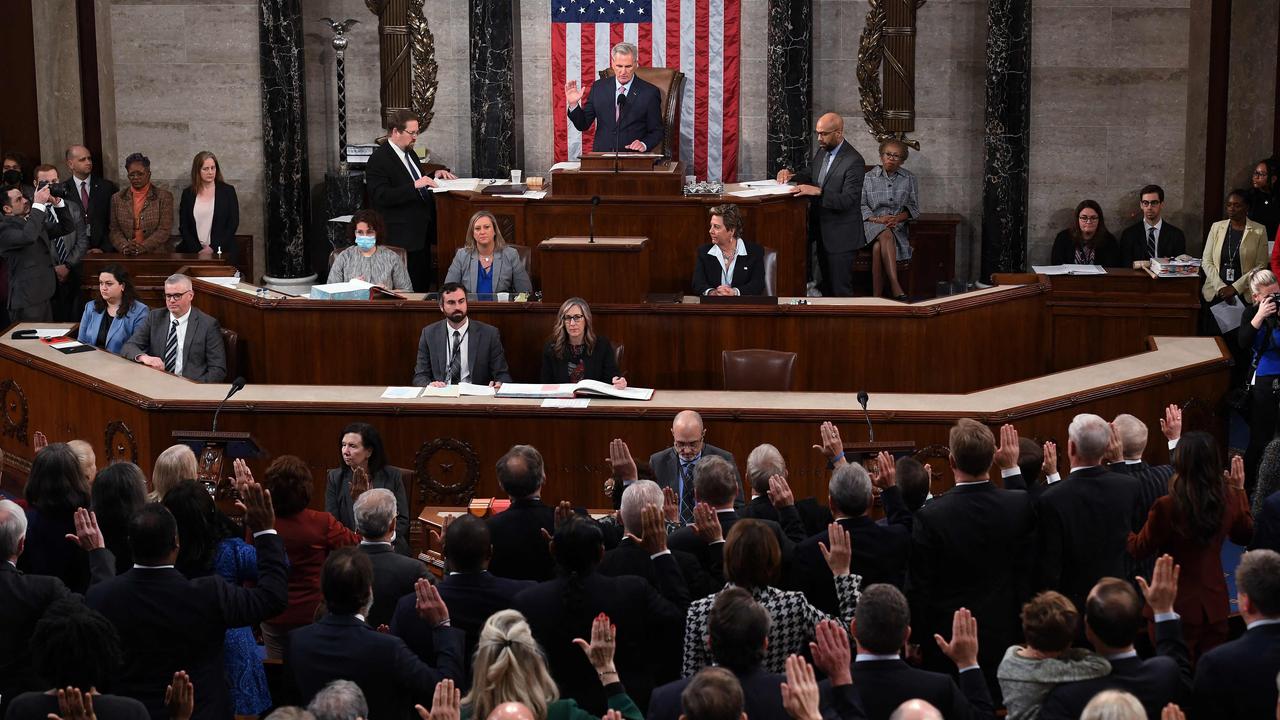 Newly elected Speaker of the US House of Representatives Kevin McCarthy takes the oath of office after he was elected. Picture: AFP