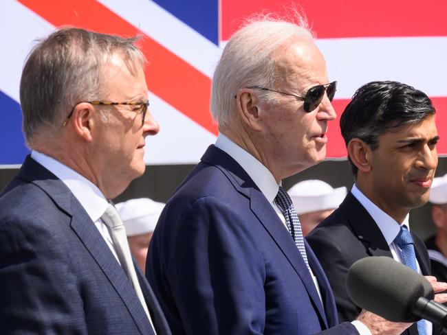 SAN DIEGO, CALIFORNIA - MARCH 13: Australian Prime Minister Anthony Albanese (L), US President Joe Biden (C) and British Prime Minister Rishi Sunak (R) hold a press conference after a trilateral meeting during the AUKUS summit on March 13, 2023 in San Diego, California. President Biden hosts British Prime Minister Rishi Sunak and Australian Prime Minister Anthony Albanese in San Diego for an AUKUS meeting to discuss the procurement of nuclear-powered submarines under a pact between the three nations. (Photo by Leon Neal/Getty Images)