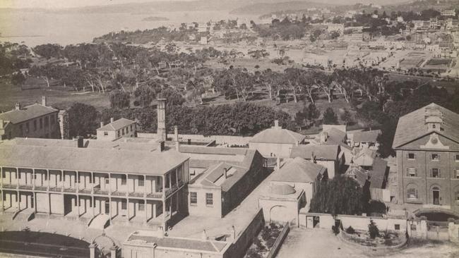 An image of Sydney in 1860, with a view over the Mint, Hyde Park Barracks and the Domain to Woolloomooloo Bay and Potts Point. Picture: Photographic Archive of the Daniel Solander Library at the Royal Botanic Garden, Sydney