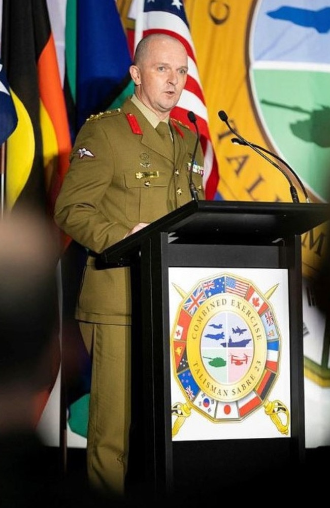 Brigadier Damian Hill, AM, Exercise Director (AUS) Talisman Sabre 2023 addresses guests at the Opening Ceremony on-board HMAS Canberra in Sydney. Picture: LSIS Daniel Goodman/Australian Defence Force