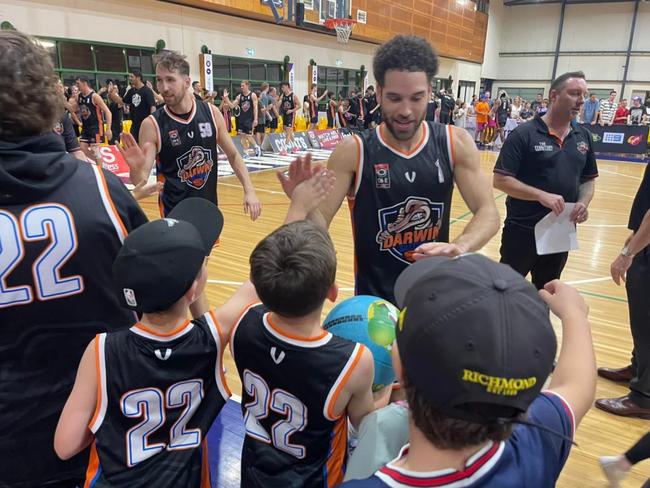 Dufelmeier, greeting fans after the Salties’ 12-point win over North Gold Coast Seahawks in 2022, said it was a tough decision to leave the franchise. Picture: Ben Thompson.