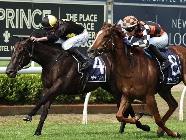 NEWCASTLE, AUSTRALIA - NOVEMBER 16: Dylan Browne McMonagle riding Snitzanova win Race 7 New Zealand Bloodstock Spring Stakes during The Hunter Race Day at Newcastle Racecourse on November 16, 2024 in Newcastle, Australia. (Photo by Jeremy Ng/Getty Images)