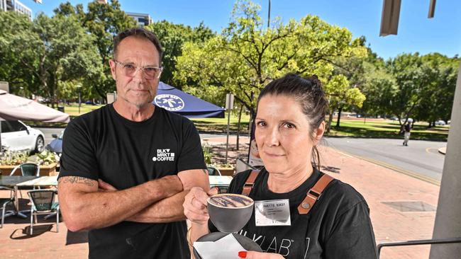 Lime2 Cafe owners Peter and Antoniette Domhoff are not happy with a council proposal to transform Light Square. Picture: Brenton Edwards