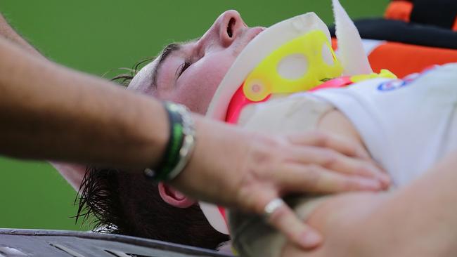 Honeychurch was taken to hospital for scans. Picture: AFL Media/Getty Images