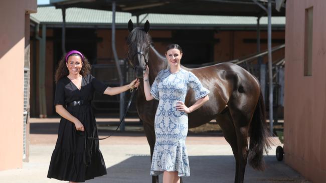 Olympian Chloe Esposito and Ruby Jenson with racehorse Morton's Fork at Warwick Farm. Picture: Robert Pozo