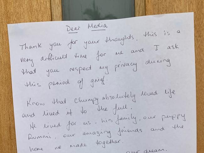 THE partner of Olympic snowboarder Alex ‘Chumpy’ Pullin has posted an emotional tribute to her ‘beautiful man’ on their front door.