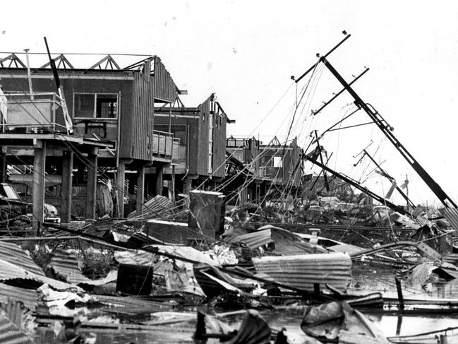 Sunday Telegraph 75th Anniversary pictures. PIRATE: Devastation and destroyed buildings after category 5 tropical Cyclone Tracy hit Northern Territory capital of Darwin on 24/12/1974. Pic News Limited.