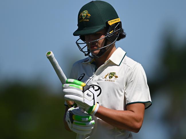 Teen prodigy Sam Konstas was one of three contenders for Test opener who failed to impress during the first innings in Mackay. Picture: Albert Perez/Getty Images