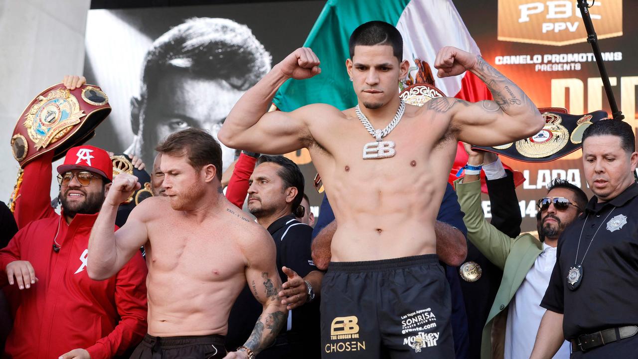 LAS VEGAS, NEVADA – SEPTEMBER 13: WBC/WBA/WBO super middleweight champion Canelo Alvarez (L) and challenger Edgar Berlanga pose during a ceremonial weigh-in in Toshiba Plaza at T-Mobile Arena on September 13, 2024 in Las Vegas, Nevada. Steve Marcus/Getty Images/AFP (Photo by Steve Marcus / GETTY IMAGES NORTH AMERICA / Getty Images via AFP)