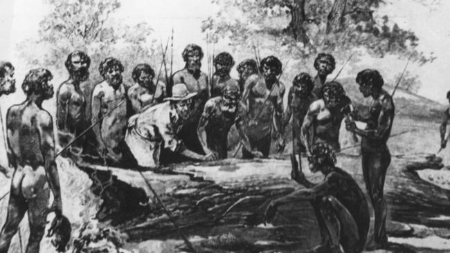 Melbourne pioneer John Batman signing a treaty with local Aboriginal people.