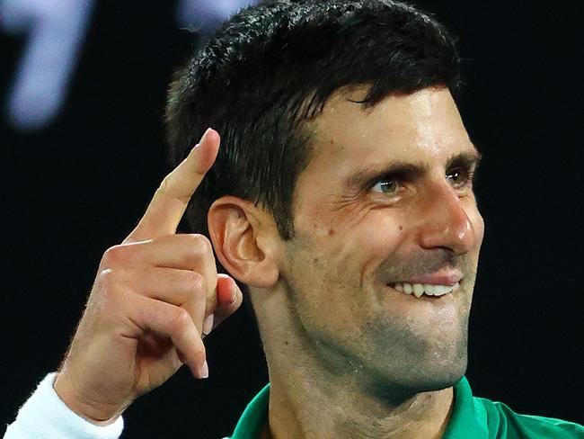 2020 Australian Open Tennis - Day Eleven. Novak Djokovic celebrates his win against Roger Federer during their semifinal on Rod Laver Arena. Picture: Mark Stewart