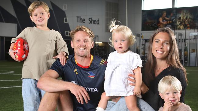 Rory Sloane with his family, including wife Belinda and kids, Sonny, Bodhi, and Summer. Picture: Dean Martin