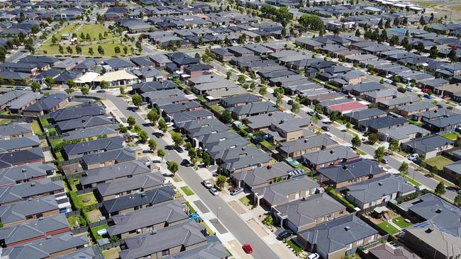 Backyards are shrinking! The Karabatak family of  Craigieburn and their small backyard. Aerial view of Craigieburn houses. Picture: Alex Coppel.