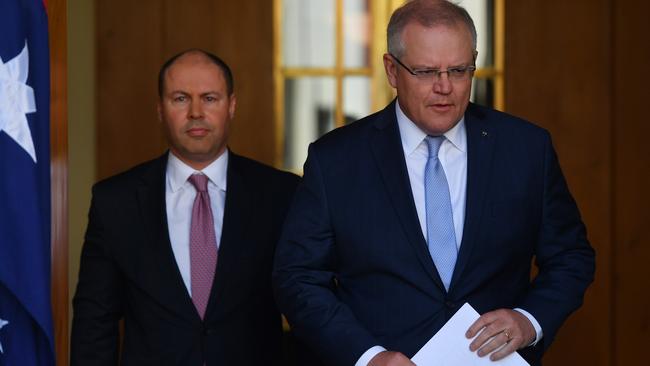 Treasurer Josh Frydenberg and Prime Minister Scott Morrison in Canberra on Thursday. Picture: Getty